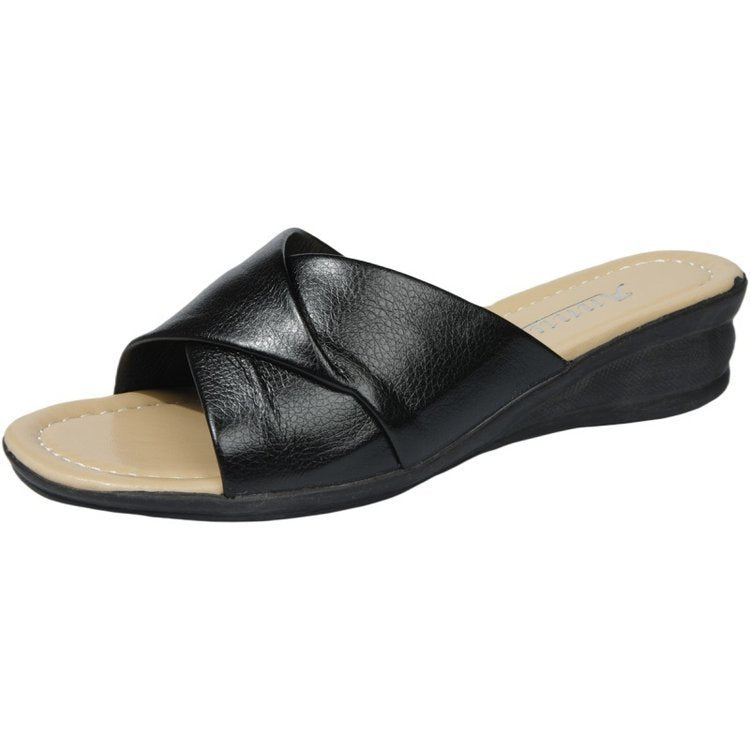 Damen nan komfortable Slipper-Pantolette mit gekreuzten Riemen und leichtem Keilabsatz Drune
