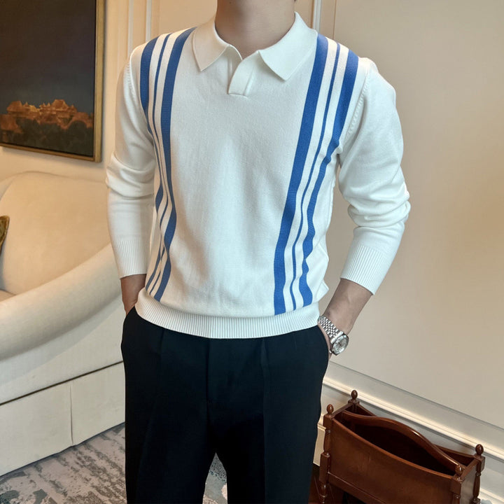 Herren Polokragen-Strickpullover mit markanten Längsstreifen und schmaler Passform Drune