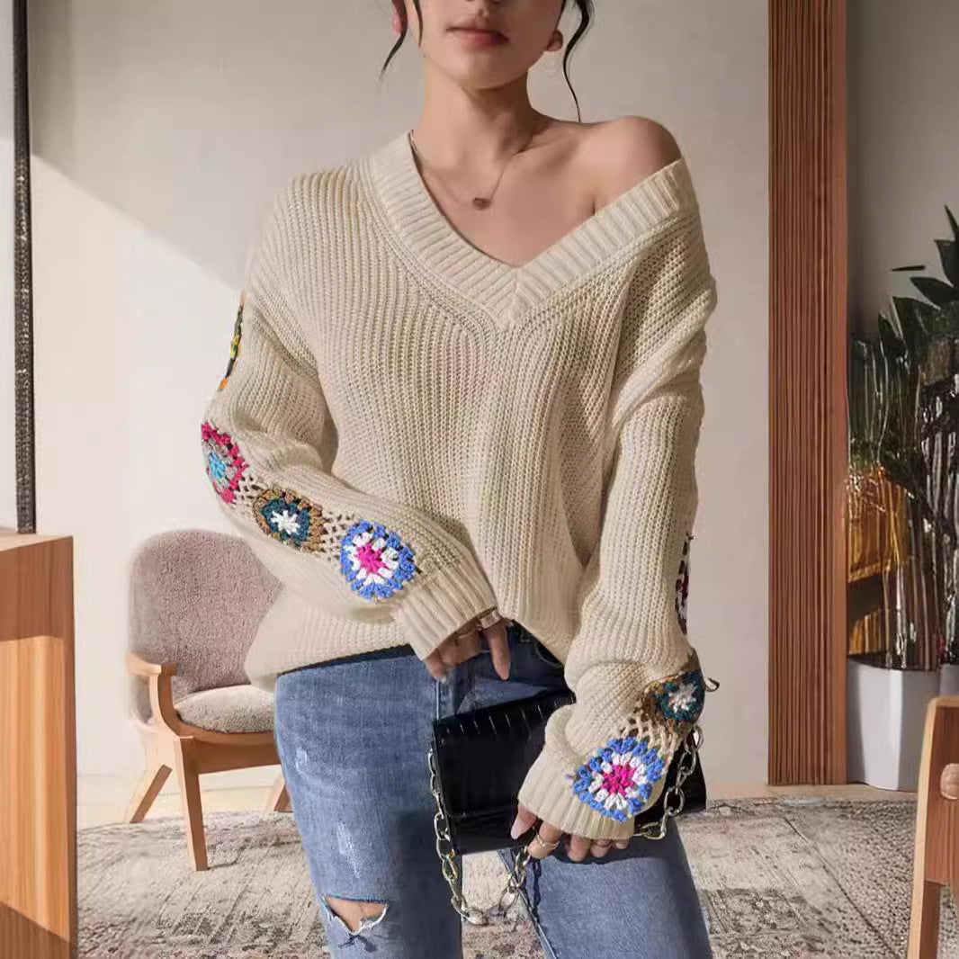 Damen Strickpullover mit verspielten Häkelakzenten und weitem Schnitt Drune