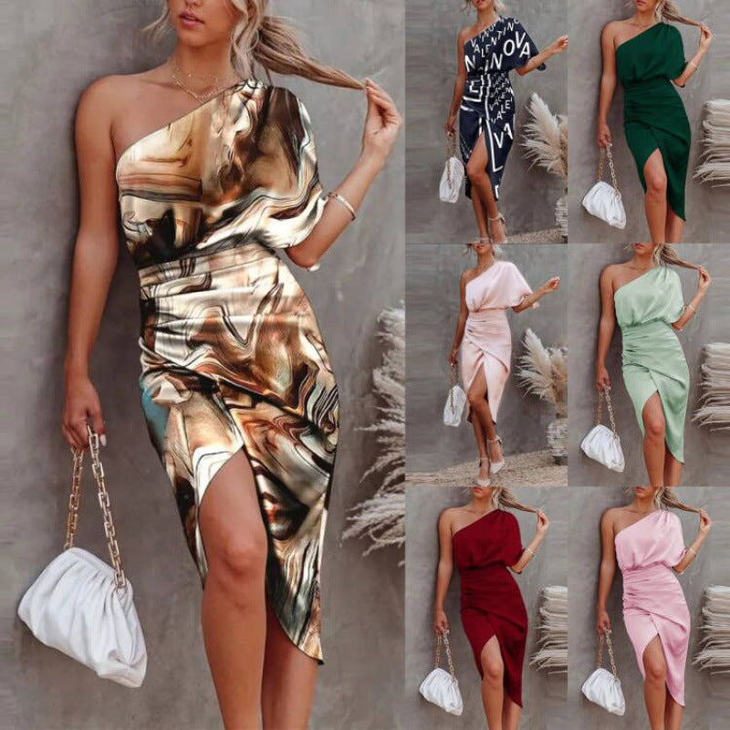 Damen schickes, asymmetrisches Abendkleid mit elegantem Schlitz und raffinierter Drapierung Drune