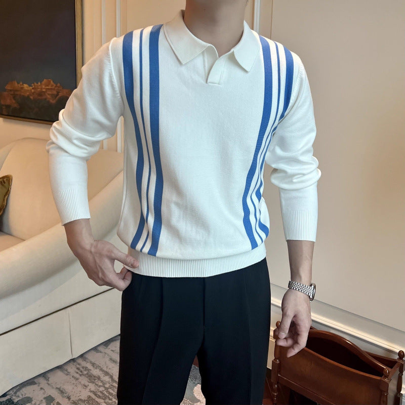 Herren Polokragen-Strickpullover mit markanten Längsstreifen und schmaler Passform Drune