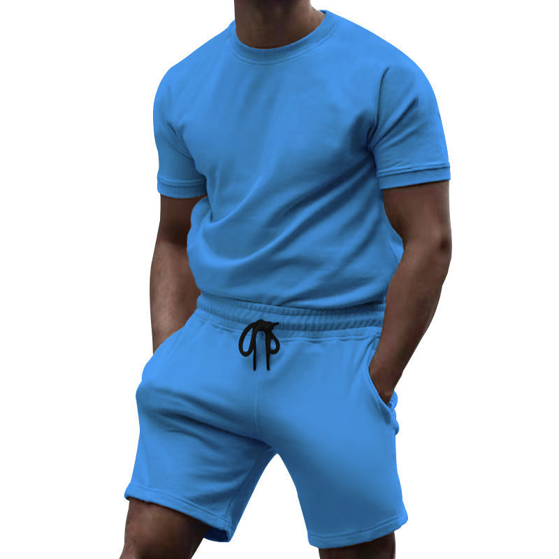 Herren nan kurzärmeliges Sweat-Set aus weichem Sweatstoff mit Rundhalsshirt und Kordelzug-Shorts Drune