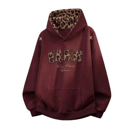 Damen Oversize-Kapuzenpullover mit gefütterter Leopardenkapuze und Applikationsschrift Drune