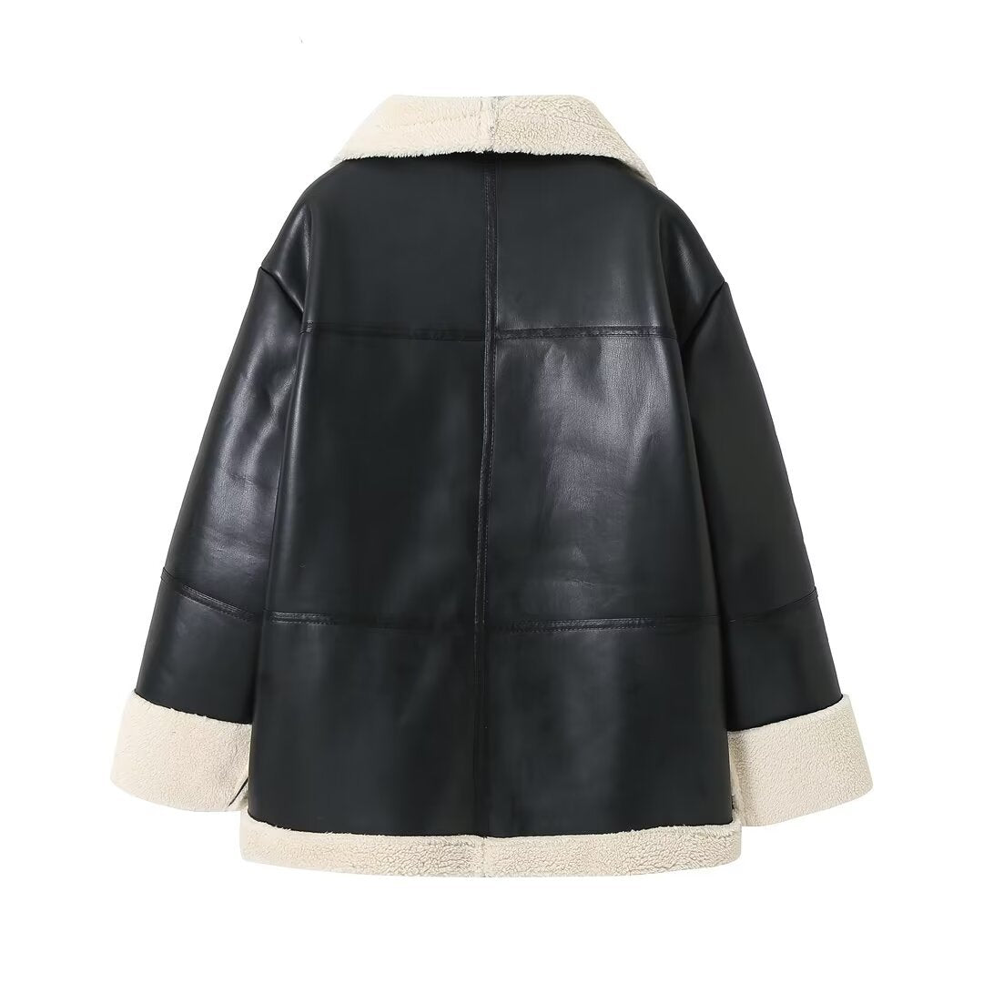 Damen nan kastiger Kunstleder-Mantelblouson mit voluminösem Teddykragen, wärmendem Sherpa‑Futter und durchgehendem Reißverschluss Drune