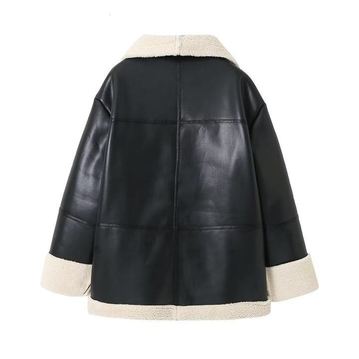 Damen nan kastiger Kunstleder-Mantelblouson mit voluminösem Teddykragen, wärmendem Sherpa‑Futter und durchgehendem Reißverschluss Drune