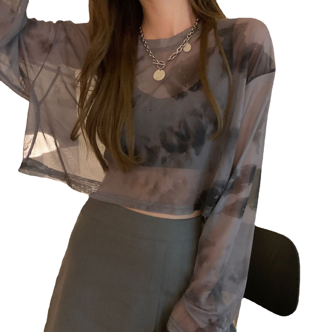 Damen cropped Sweatshirt im modernen Batikdesign mit weiten Ärmeln und Rundhalsausschnitt Drune