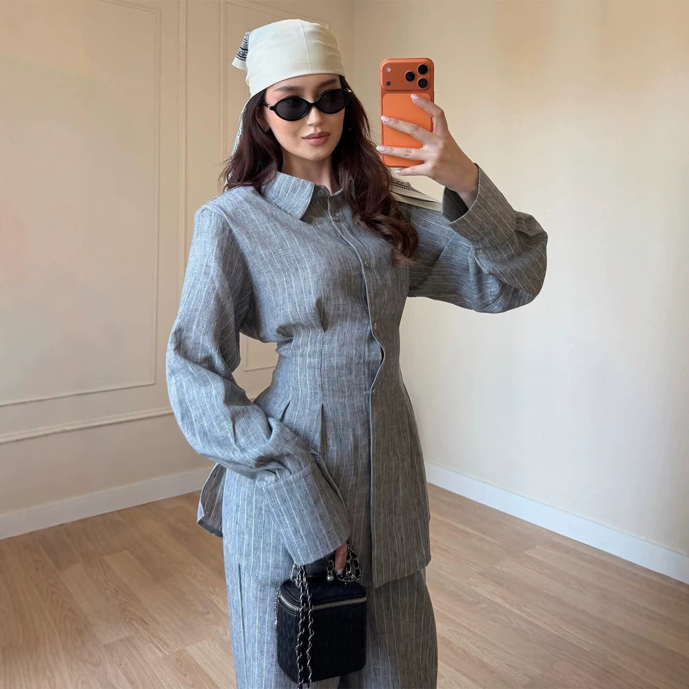 Damen Leichtes Leinen-Loungewear-Set mit Oversize-Hemd und weiter Bundhose Drune