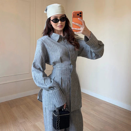 Damen Leichtes Leinen-Loungewear-Set mit Oversize-Hemd und weiter Bundhose Drune