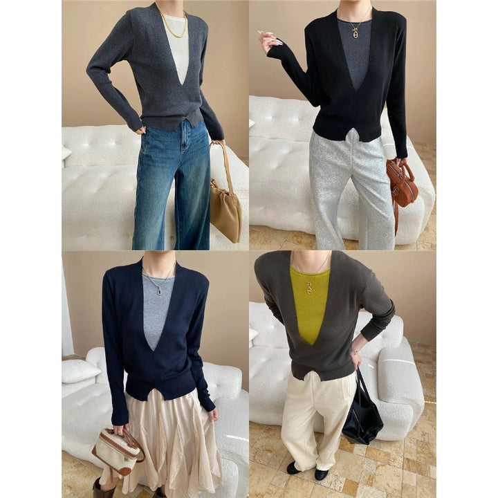 Damen figurbetonter V-Ausschnitt Pullover mit raffinierter Taillierung und feiner Textur Drune