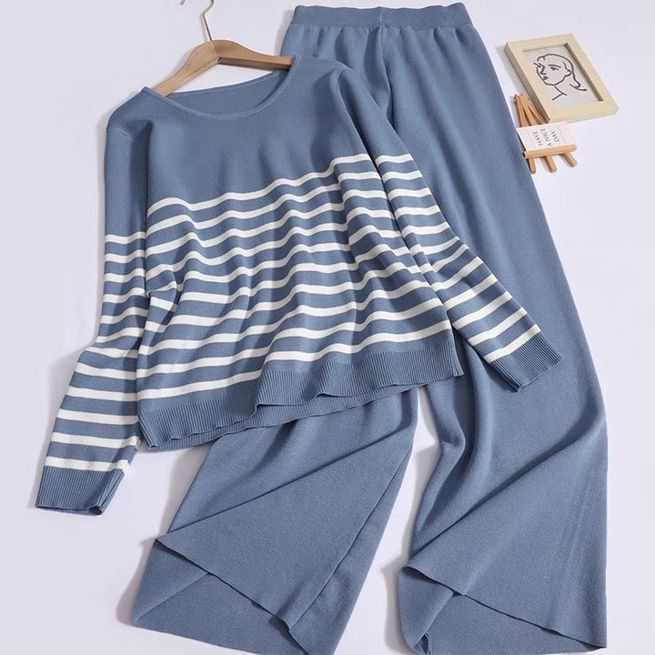 Damen gemütliches Strick-Loungewear-Set mit Streifenmuster Drune