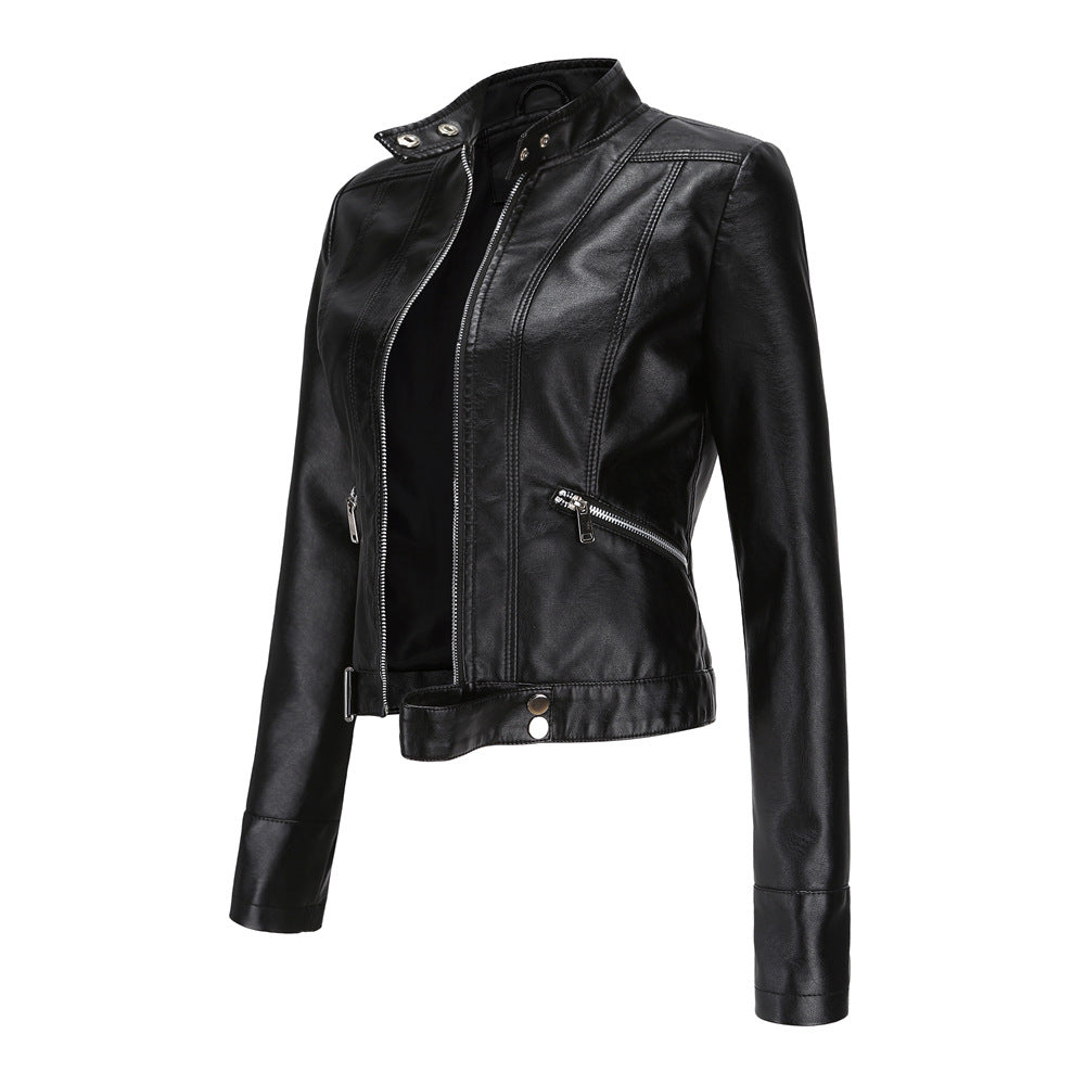 Damen nan kurze taillierte Kunstlederjacke im Racer-Stil mit Stehkragen und Reißverschlusstaschen Drune