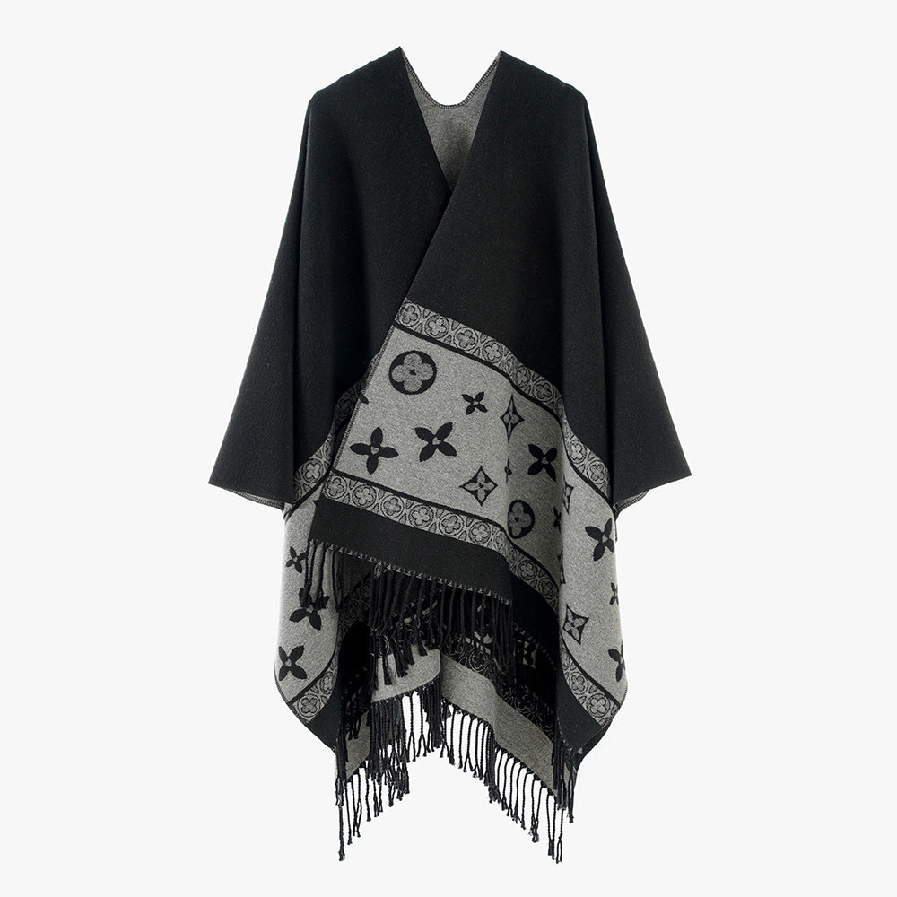 Damen Schlichter Capeponcho aus Wollmischung mit eingewebter Jacquardbordüre und Fransen Drune
