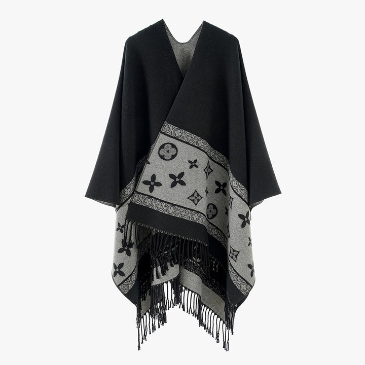 Damen Schlichter Capeponcho aus Wollmischung mit eingewebter Jacquardbordüre und Fransen Drune