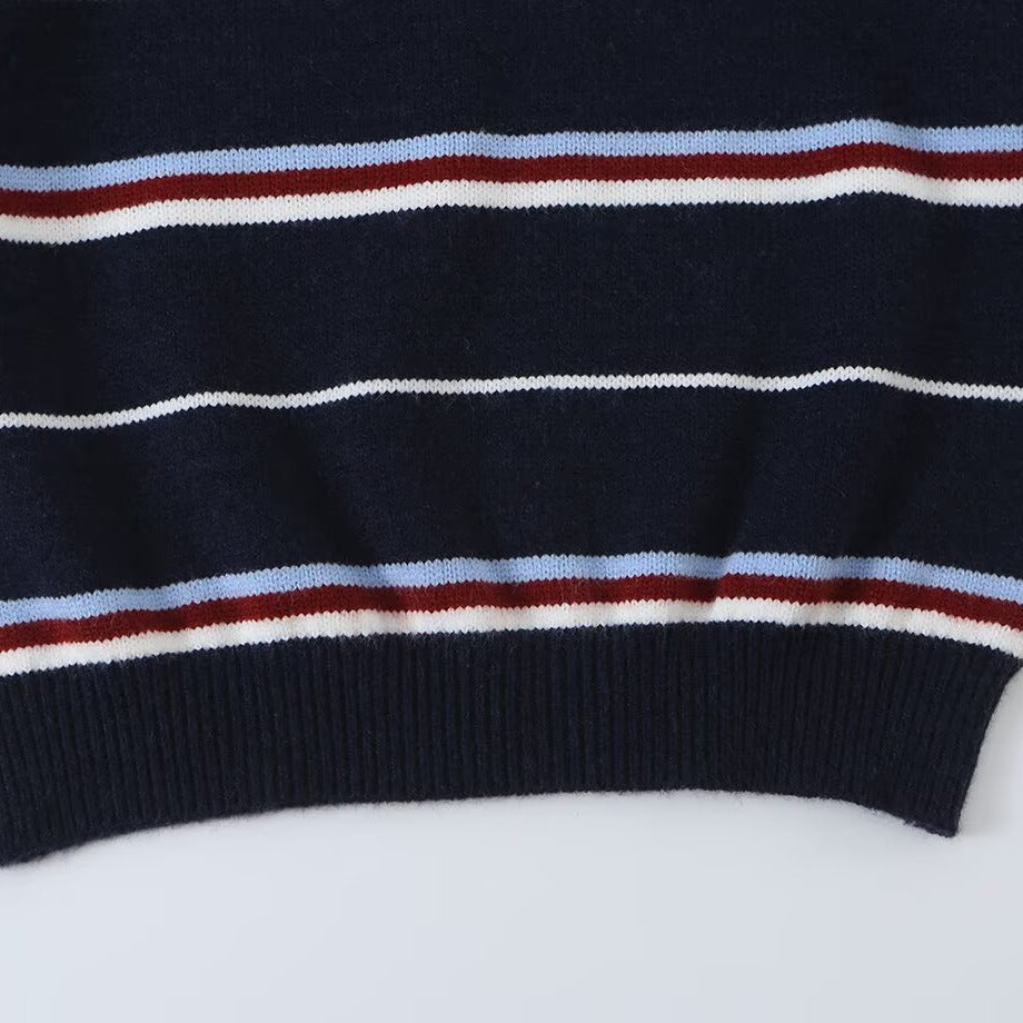 Damen Gestreifter Strickpolopullover mit kurzer Knopfleiste und Rippbündchen Drune