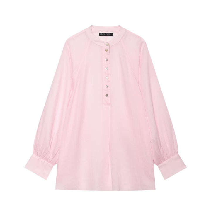 Damen Oversize-Bluse mit Stehkragen, durchgehender Knopfleiste und ballonärmeln Drune
