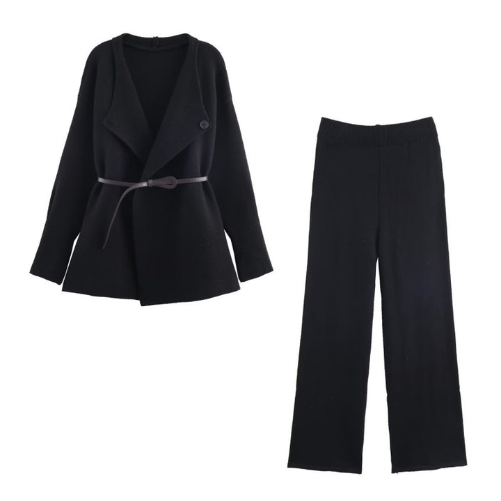 Damen elegantes Strickset mit tailliertem Blazer und weitem Hosenbein Drune