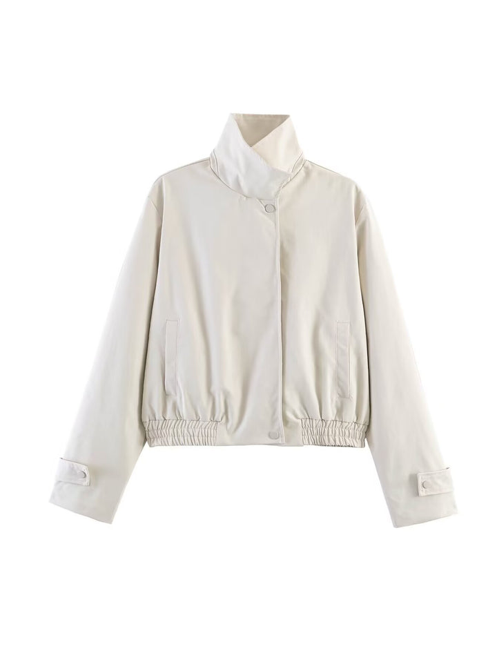 Damen Kurzblouson mit hohem Stehkragen, elastischem Bund und verdeckter Druckknopfleiste Drune