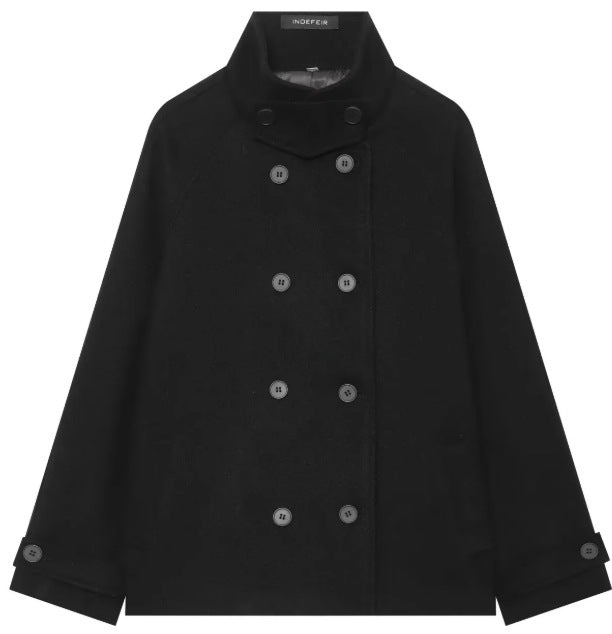 Damen Kurzer doppeltreihiger Wollmix‑Cape‑Mantel mit Stehkragen und Raglanärmeln Drune