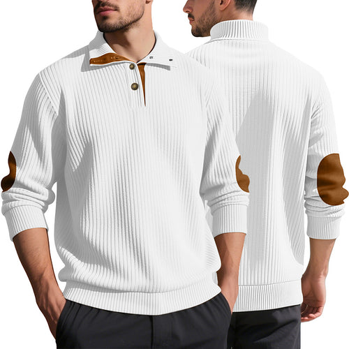 Herren nan Rippstrick-Halbknopf-Pullover mit Kentkragen und Lederbesatz Drune