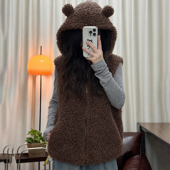 Damen nan kuschelige Teddyweste mit Kapuze und Reißverschluss Drune