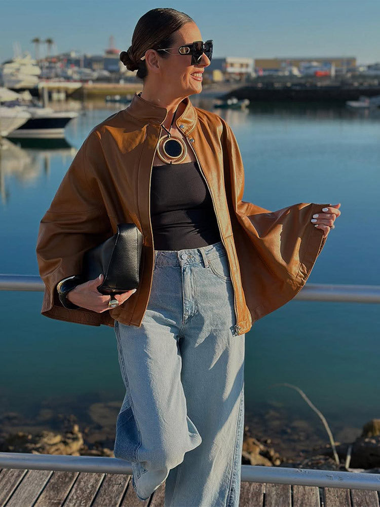 Damen Cape-Ärmige Lederjacke mit Stehkragen Drune