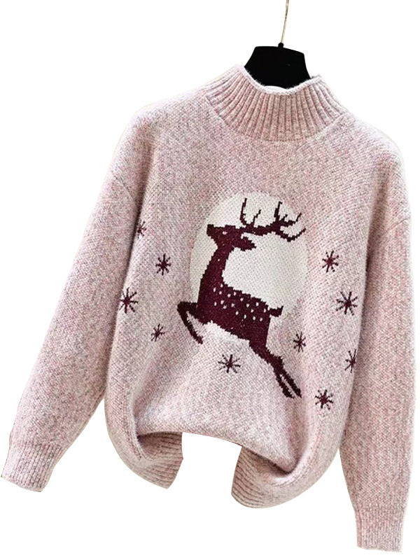 Damen Kuscheliger Weihnachtspullover mit hohem Kragen und festlichem Rentiermotiv Drune