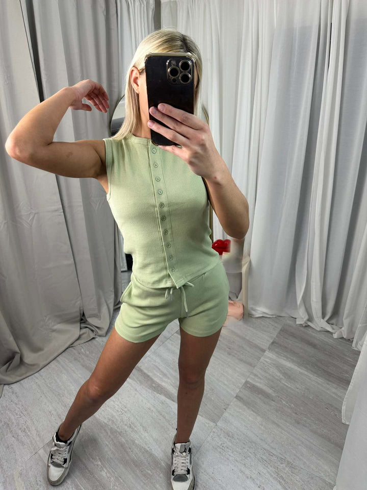 Damen lässiges Kurzoverall-Set mit Knopfverschluss und verstellbarem Taillenzug