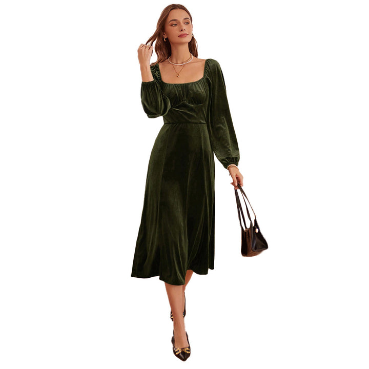 Damen elegantes Samt-Midikleid mit quadratischem Ausschnitt, geraffter Brustpartie und ballonartigen Ärmelabschlüssen Drune