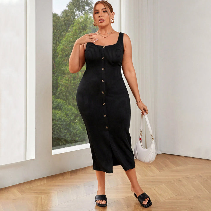Damen figurbetontes Midikleid mit Knopfleiste und Schlitzdetail Drune