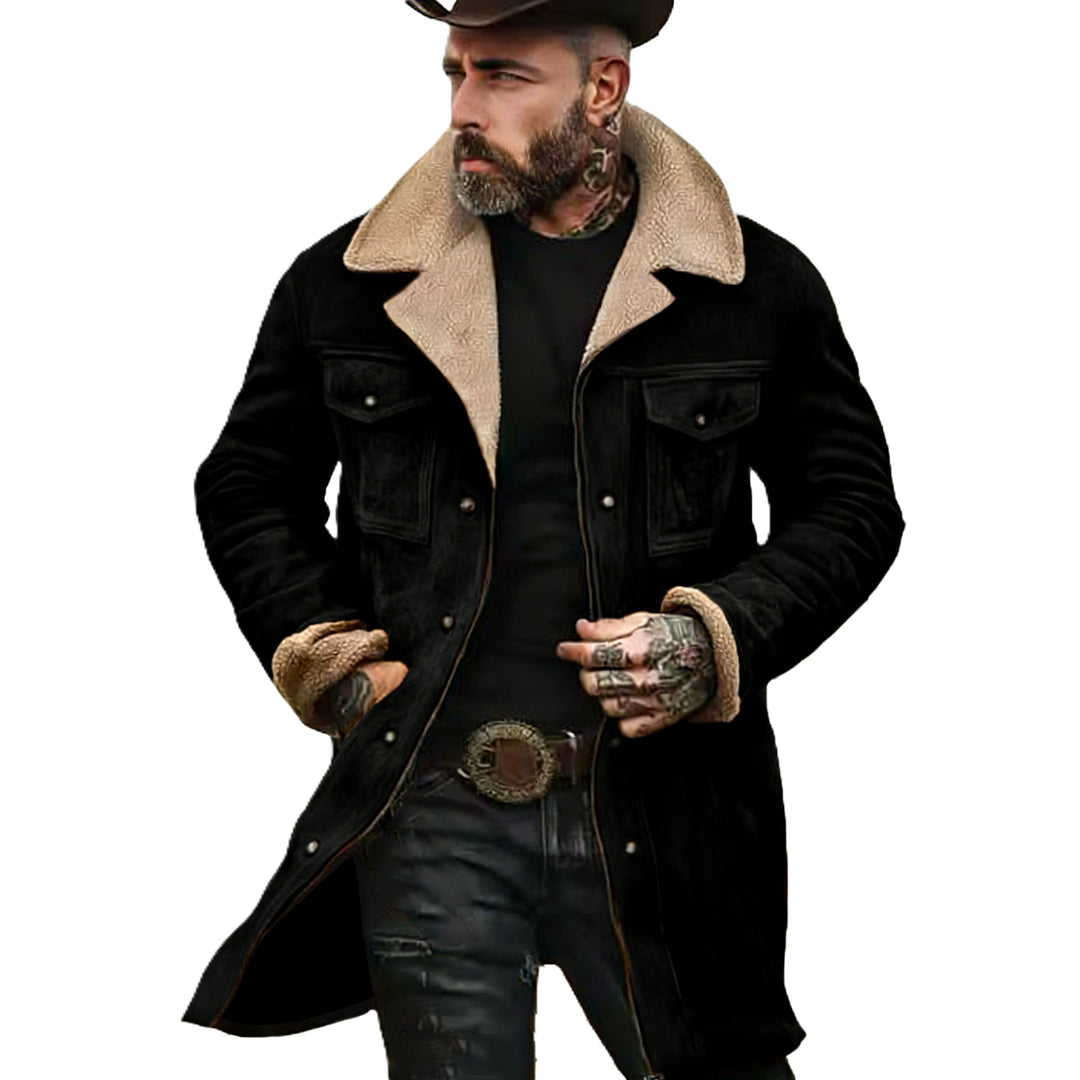 Herren Langer Veloursledermantel mit Teddyfutter und Pattentaschen Drune