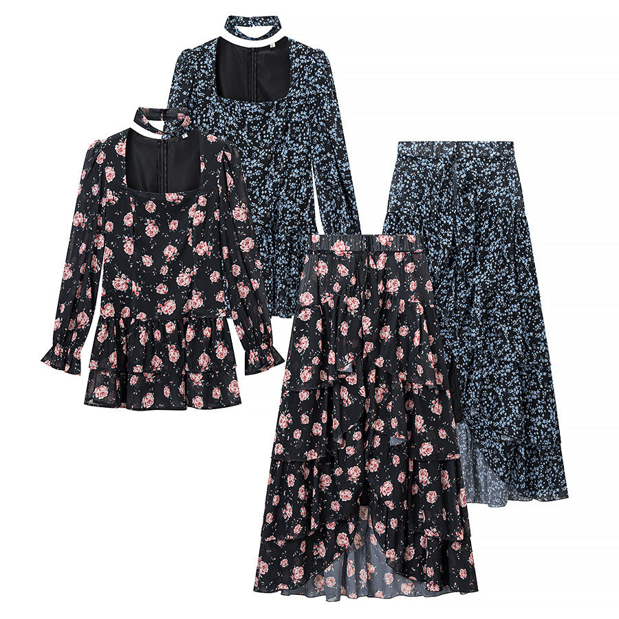 Damen Zweiteiliges Chiffon-Set mit Chokerbluse und stufigem Maxirock Drune