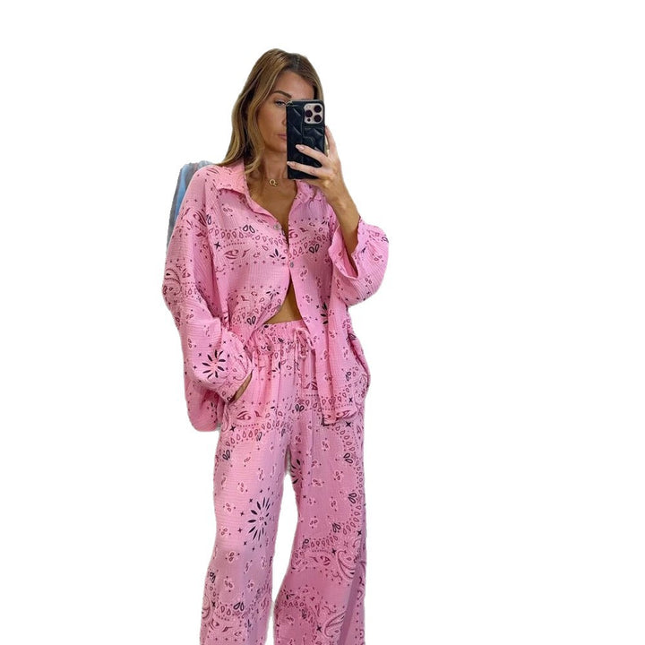 Damen nan luftiger Lochstickerei Strand-Zweiteiler mit Oversize-Hemd, Brusttasche und weiter Palazzohose Drune
