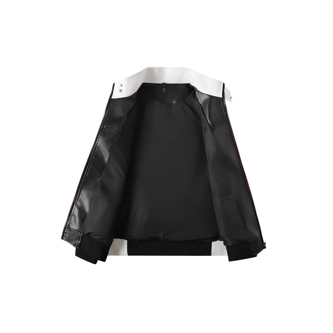Herren Retro-inspirierte Lederimitat-Blockjacke mit Stehkragen und Reißverschluss Drune