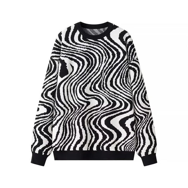 Unisex nan weit geschnittener Strickpullover mit abstraktem Wellenmuster und Rundhalsausschnitt Drune