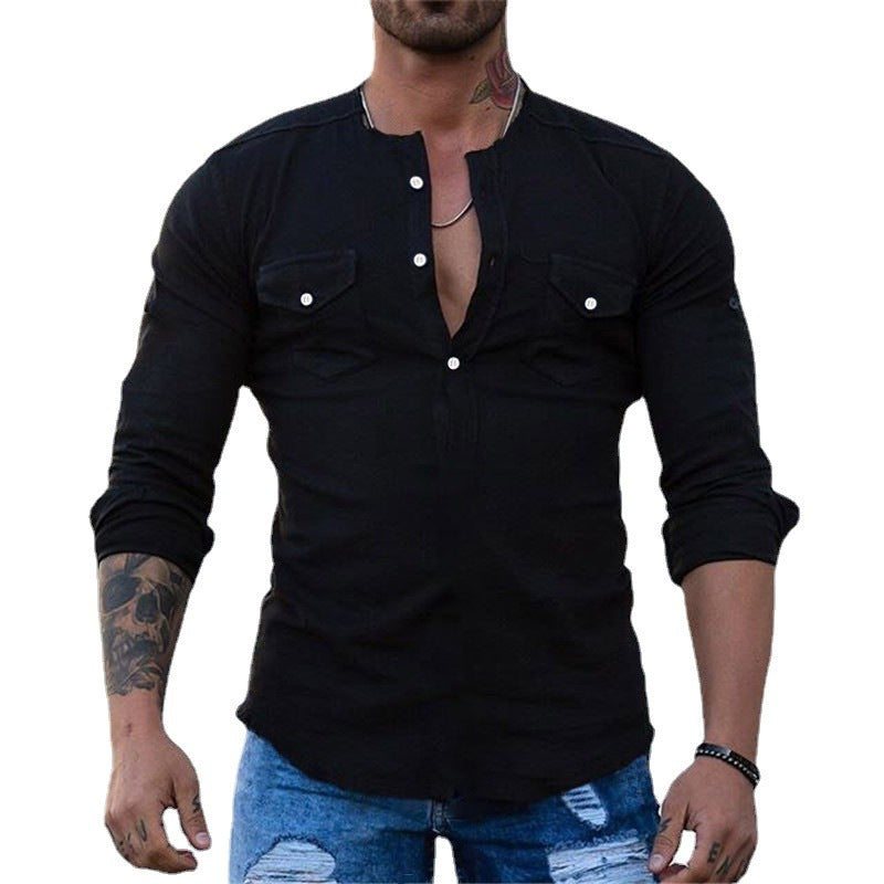 Herren Schmal geschnittenes Henleyshirt mit Brusttaschen und halber Knopfleiste Drune