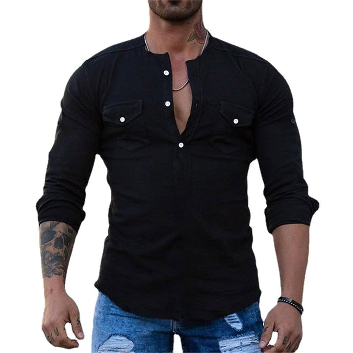 Herren Schmal geschnittenes Henleyshirt mit Brusttaschen und halber Knopfleiste Drune