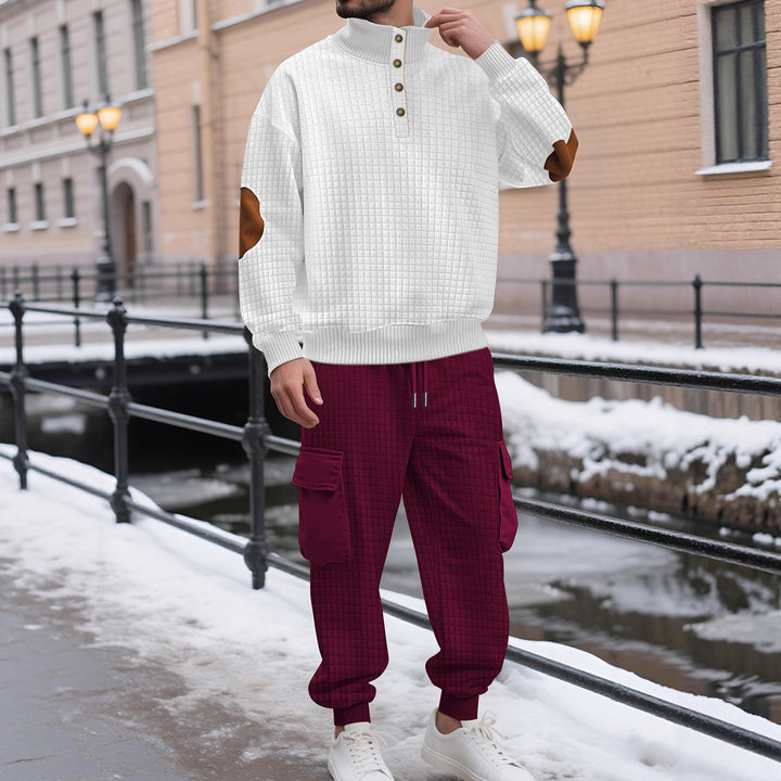 Herren nan Karo-Relief-Sweatset mit Stehkragen-Knopfleiste, Velours-Ellenbogenpatches und Cargo-Jogger Drune