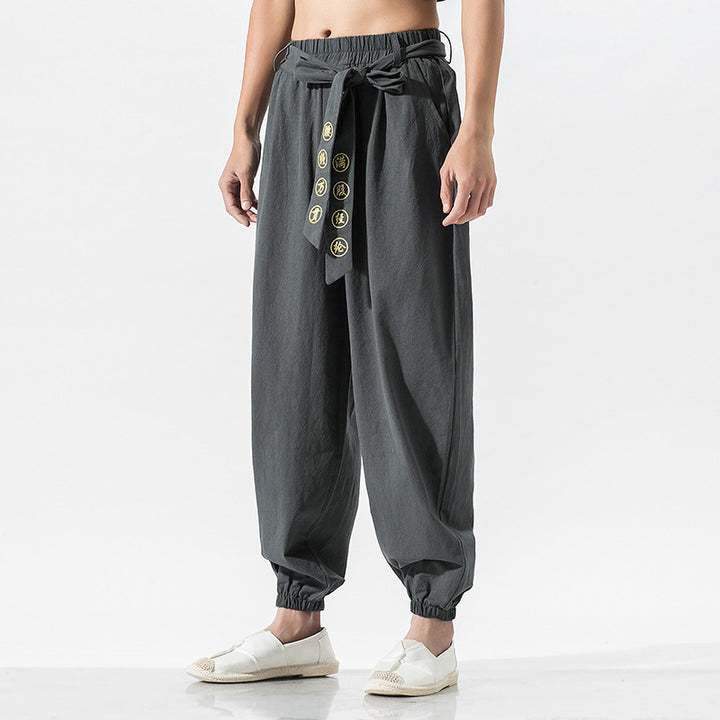 Damen nan weite Leinenhose mit Tunnelzug Bund Bindedetail und elastischen Knöchelabschlüssen Drune