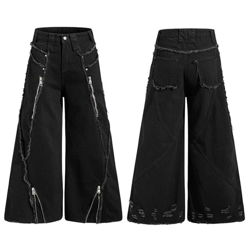 Damen weite Denim-Culotte mit Fransen-Details und Zipper-Akzenten Drune