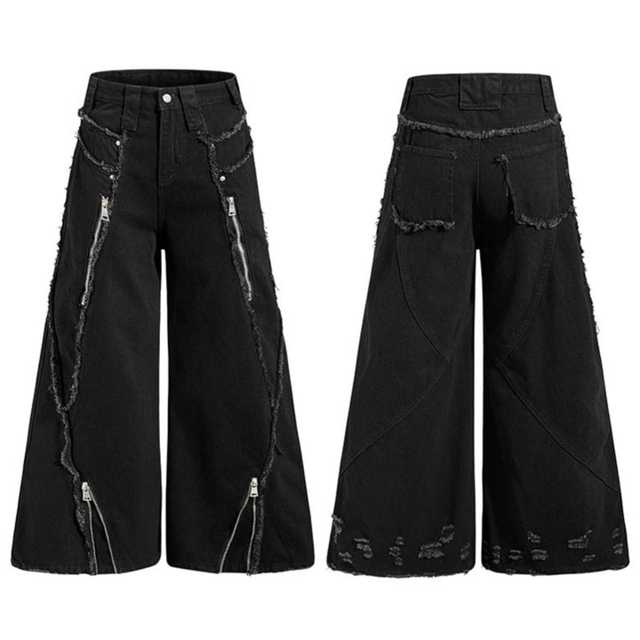 Damen weite Denim-Culotte mit Fransen-Details und Zipper-Akzenten Drune