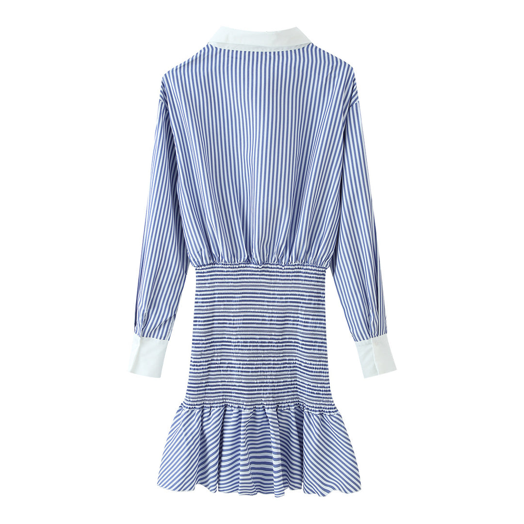 Damen Gestreiftes Hemdblusenkleid mit Taillen-Smokung, Schößchen und Kontrastkragen Drune