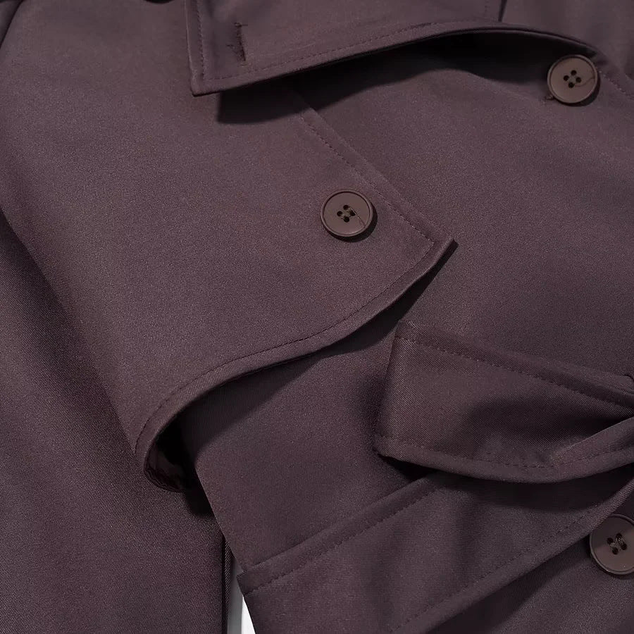 Damen nan langer Doppelreiher-Trenchcoat mit Taillengürtel, Epauletten und Sturmklappe Drune