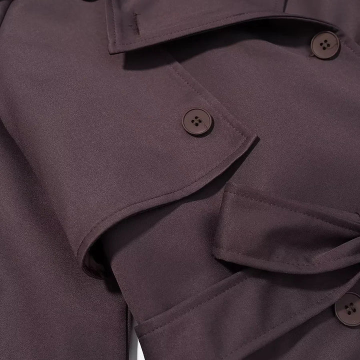 Damen nan langer Doppelreiher-Trenchcoat mit Taillengürtel, Epauletten und Sturmklappe Drune