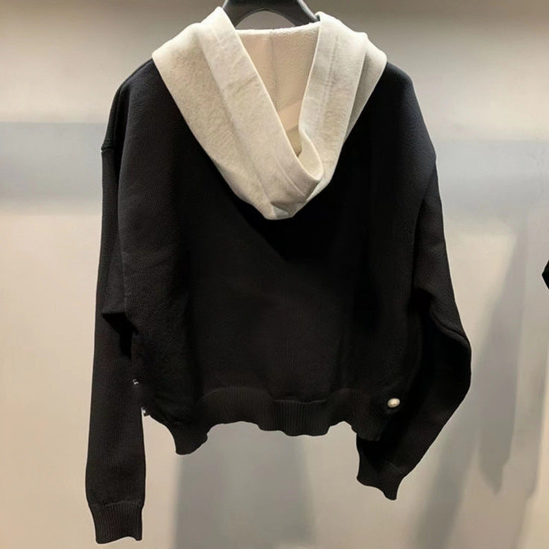 Unisex Grobgestricktes Lagenlook-Sweatshirt mit Kontrastkapuze und Kängurutasche Drune