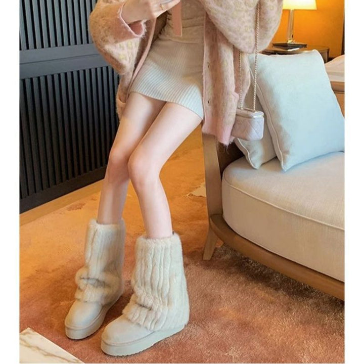 Damen Gefütterte Plateau-Ankle-Boots aus Veloursimitat mit umschlagbarem Kunstfellrand Drune
