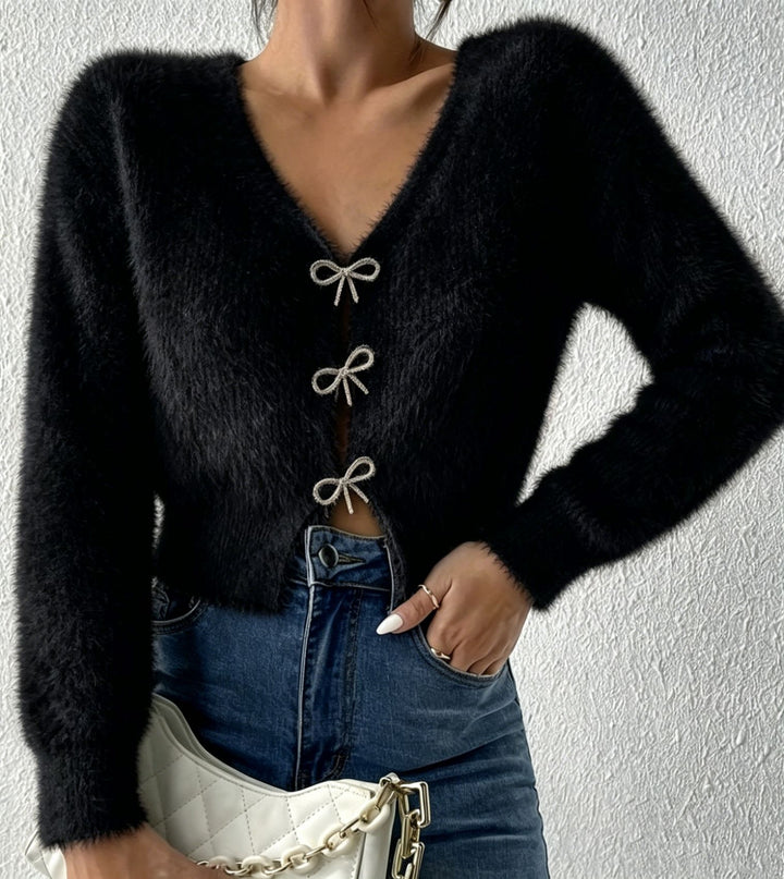 Damen Flauschiger Cropped-Cardigan mit V-Ausschnitt und Schleifen‑Verschlüssen Drune