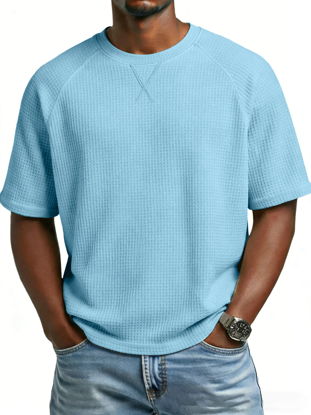 Herren lässiges Waffelstrick-T-Shirt mit Rundhalsausschnitt Drune