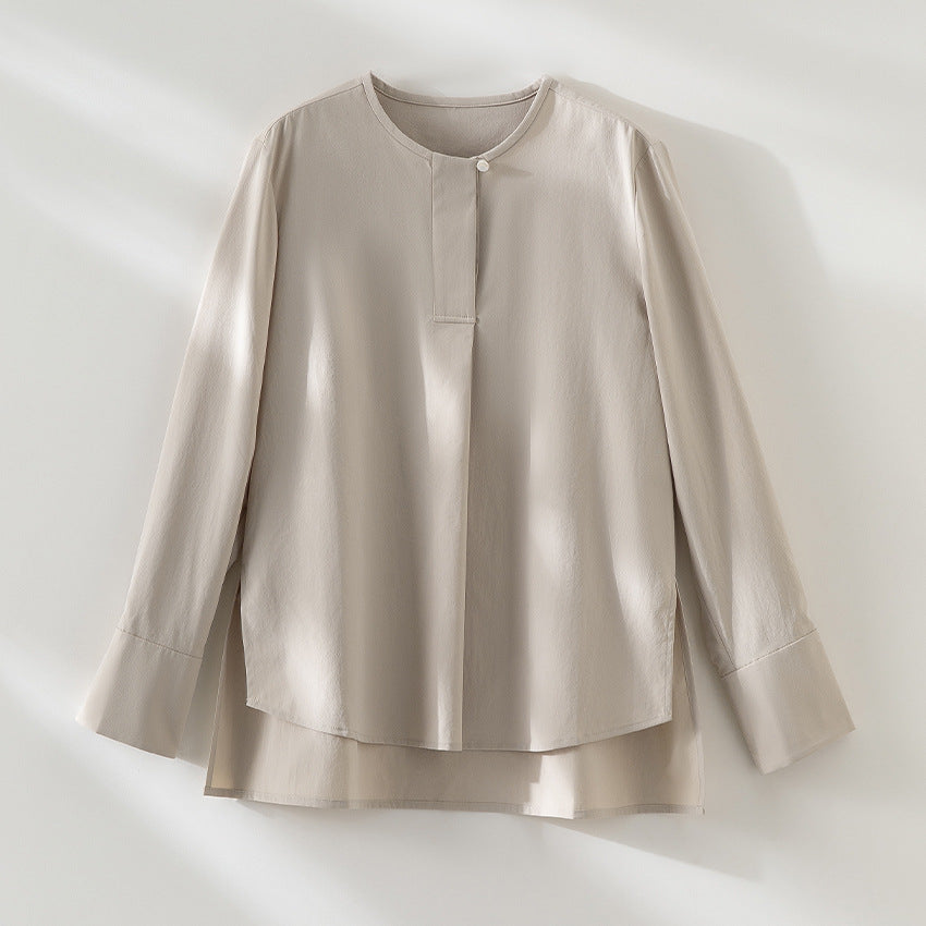 Damen Lässige Langarm-Bluse mit verdeckter Knopfleiste und Lagen-Saum Drune