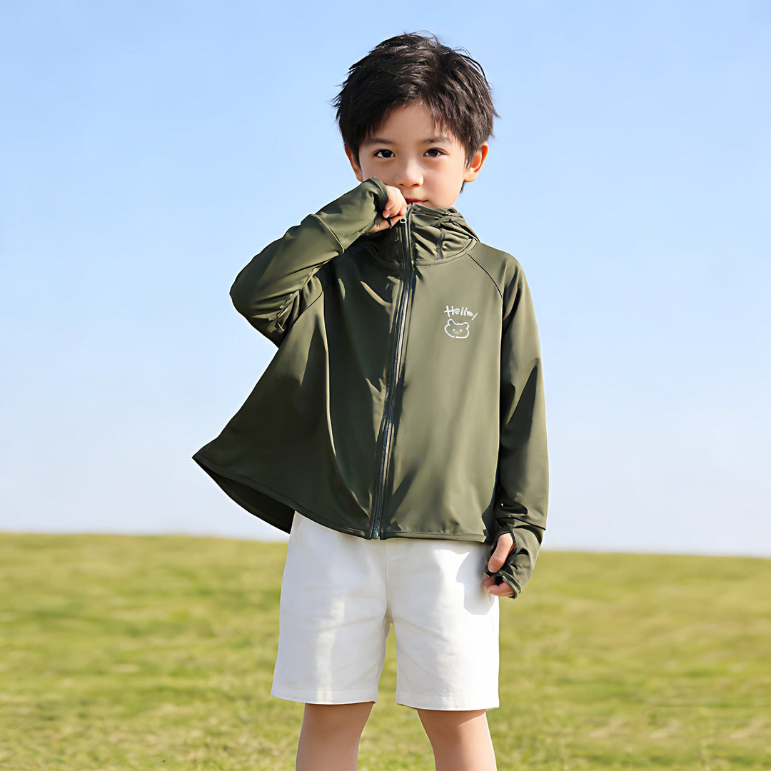 Unisex nan leichte UV-Schutz Sonnenjacke mit Kapuze und Daumenloch für Kinder  Drune
