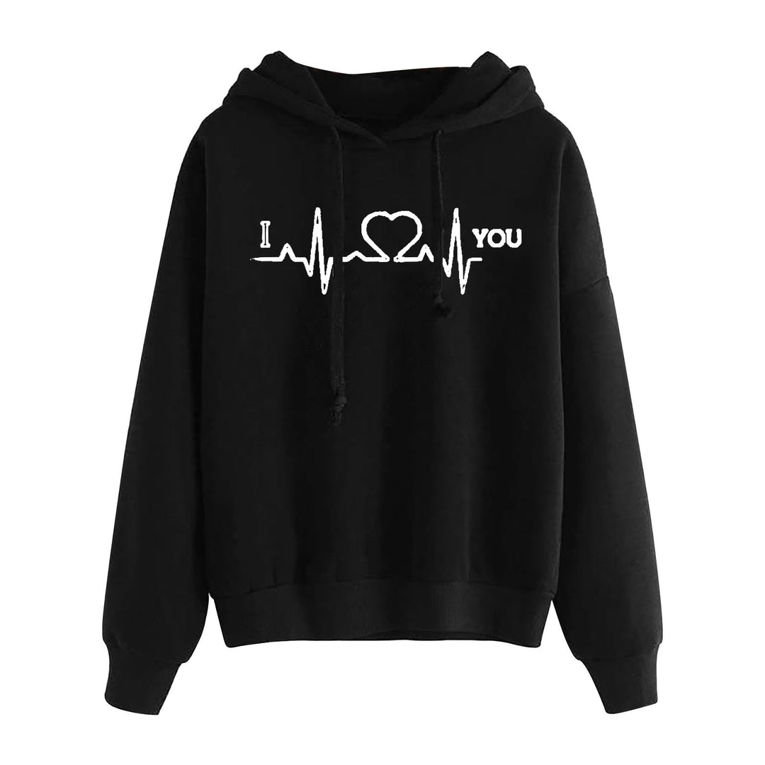 Damen nan leichter Oversize Kapuzenpullover mit Herz‑EKG‑Motiv, langen Kordeln und elastischem Bund Drune